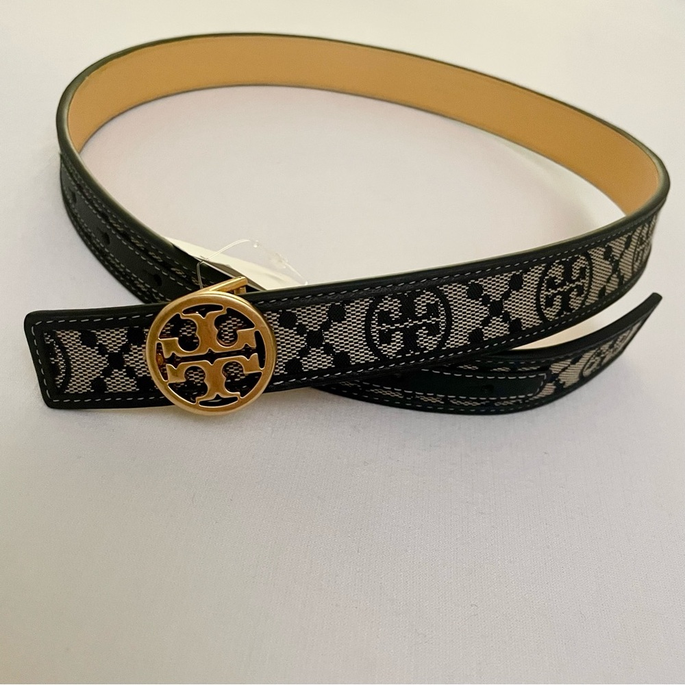 Tory Burch 1” XS Monogram Jacquard Leather Trim Navy/Tan Logo Gold Buckle Belt